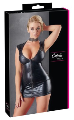 Rochie neagra, stralucitor cu aspect umed, cu decolteu adanc si fermoar foto