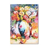 Tablou pictat manual stilizat, Vaza cu flori si pahar de sampanie, 70x50cm ulei pe panza in cutit efect 3D