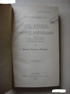 QUINTUS HORATIUS FLACCUS - ODE, EPODE, CARMEN SAECULARE vol 1 {1891} |  Okazii.ro