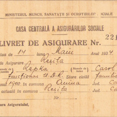 HST A258 Livret de asigurare 1934 pentru funcționar UDR Reșița