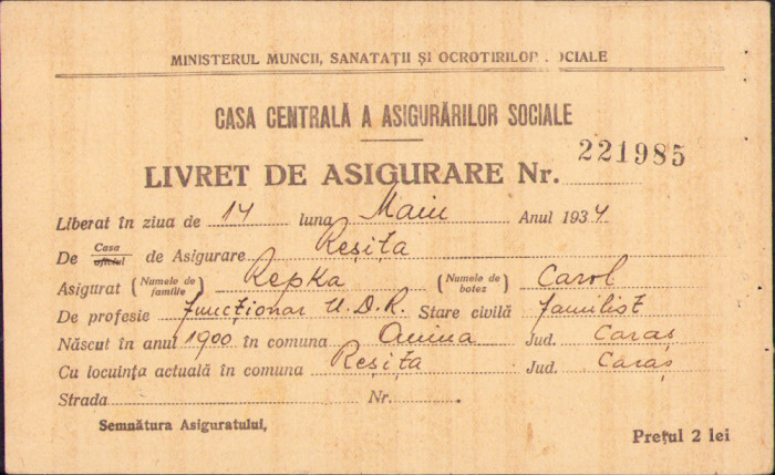 HST A258 Livret de asigurare 1934 pentru funcționar UDR Reșița