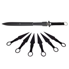 Set sabie de vanatoare IdeallStore&reg; Last Ronin si sase cutite de aruncat, otel inoxidabil, negru
