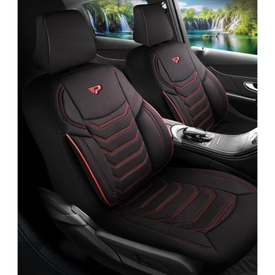 Set Huse Scaune Auto Panda Manavgat, cu fermoare pentru bancheta rabatabila, negru-rosu, 11 Piese foto