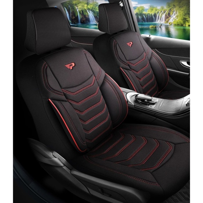 Set Huse Scaune Auto Panda Manavgat, cu fermoare pentru bancheta rabatabila, negru-rosu, 11 Piese