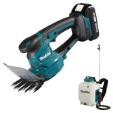 Makita DUM111SYX + DUS108Z - Masina de tuns gard viu cu 1 acumulator Li-Ion 18 V 1.5 Ah 20 cm + Pulverizator 5 bar 10 l