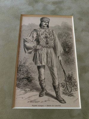 Desen gravura,Auguste Lancelot, Taran Valah, cca 1860, 10x17 cm, cu passepartout foto