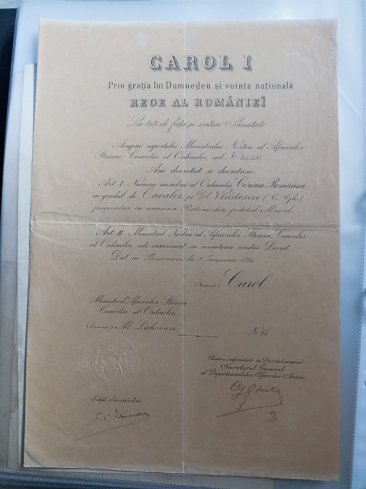 Brevet Ordinul Coroana Romaniei cavaler civil acordat in 1895 , pe foaie dubla