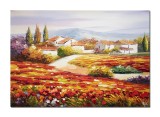 Cumpara ieftin Tablou pictat manual, Peisaj camp cu maci si case, 70x50cm ulei pe panza in relief efect 3D, Valentin Pop