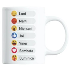 Cana alba personalizata "Pentru cafea cu zilele saptamanii in emoticoane, emoji dragute", INOVATIX&reg;. 330ml