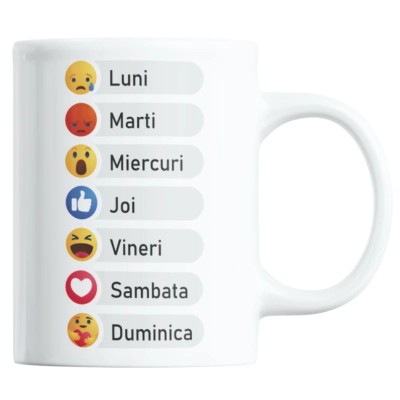 Cana alba personalizata &amp;quot;Pentru cafea cu zilele saptamanii in emoticoane, emoji dragute&amp;quot;, INOVATIX&amp;reg;. 330ml foto