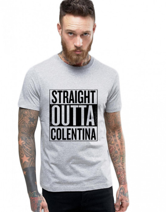 Tricou barbati gri cu text negru - Straight Outta Colentina - XL