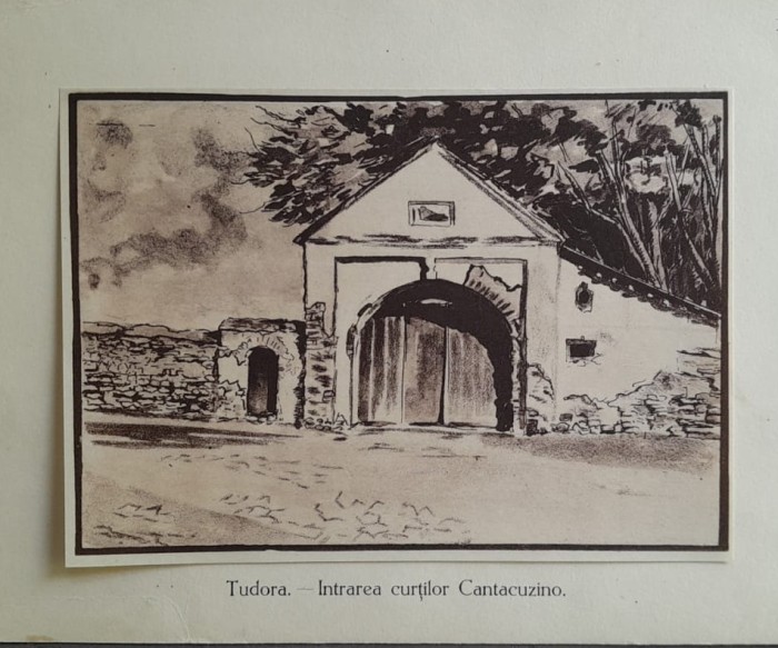 Litografie interbelică 13 lipită pe carton/ M. Olinescu / BOTOSANI Tudora Conac
