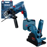 Bosch GNF 35 CA + GSB 600 - Freza pentru caneluri beton 1400 W 150 mm valiza plastic + Masina de gaurit cu percutie 600 W mandrina cu cheie 13 mm vali