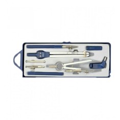 Trusa Compas Metalic DACO, Diametru Maxim Cerc 42 cm, 7 Accesorii Incluse, Culoare Gri/Albastru, Compas Matematica, Trusa Compas pentru Scolari, Compa foto