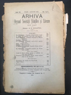 Arhiva - Organul Societatei Stiintifice si Literare Anul XII Iulie-August 1901 No. 7 si 8 foto