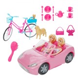 Set Jucării Betty, Decapotabil Roz cu Papusi Blonde, Bicicleta, C&acirc;ini și Accesorii, Oem