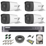 Sistem supraveghere video exterior complet Hikvision 4 camere Turbo HD 5 MP 80 m IR cu toate accesoriile, cadou HDD 1tb SafetyGuard Surveillance
