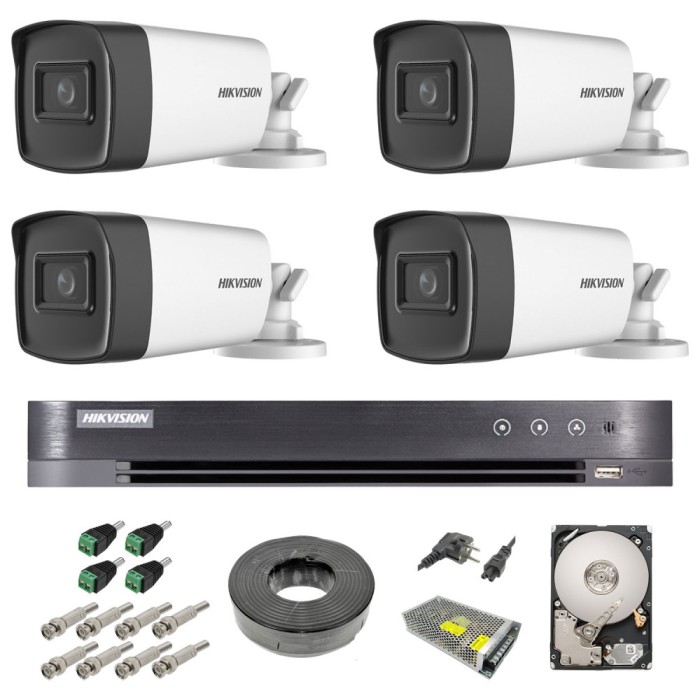Sistem supraveghere video exterior complet Hikvision 4 camere Turbo HD 5 MP 80 m IR cu toate accesoriile, HDD 1tb SafetyGuard Surveillance