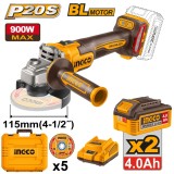 Flex Unghiular Profesional 20V 115mm 900W Brushless INGCO CAGLI261522E, 3000/6000/9000 rpm, filet M14, 2 acumulatori 4Ah + incarcator + accesorii incl