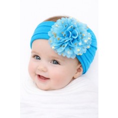 Bentita albastra lata cu floare din tulle si buline aurii