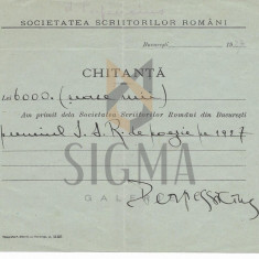DOCUMENT" SOOCIETATEA SCRIITORILOR ROMANI " , CHITANTA, PERPESSICIUS - PREMIUL PENTRU POEZIE, 1927