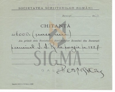 DOCUMENT&amp;quot; SOOCIETATEA SCRIITORILOR ROMANI &amp;quot; , CHITANTA, PERPESSICIUS - PREMIUL PENTRU POEZIE, 1927 foto