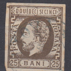 ROMANIA 1871/72 LP 33 CAROL I CU BARBA VALOAREA 25 BANI BRUN STAMPILAT