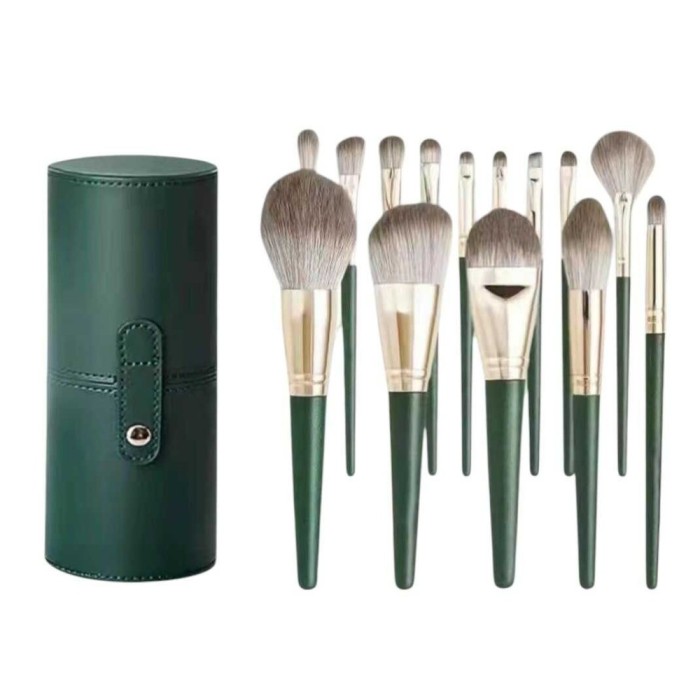 Set 14 Pensule de Machiaj cu Peri Moi, cu Suport pentru Depozitare, Verzi