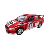 Macheta Mitsubishi Lancer Evolution rosie rally cu usi deschise si mecanism pull back fara cutie proprie