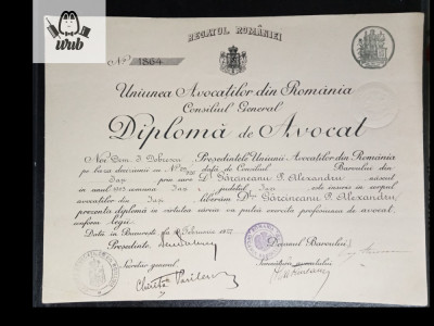 Diploma de avocat, Bucuresti 1927 foto