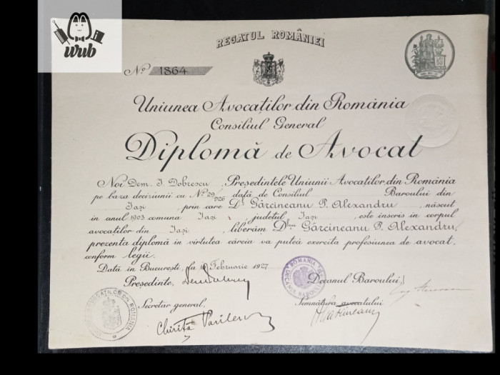 Diploma de avocat, Bucuresti 1927