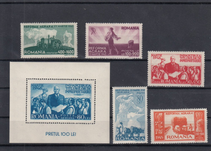 ROMANIA 1946 LP 190 LP 191 REFORMA AGRARA SERIE SI COLITA MNH