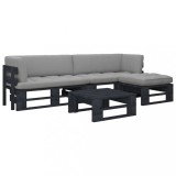 vidaXL Set mobilier paleți cu perne, 4 piese, negru, lemn pin tratat 3066795