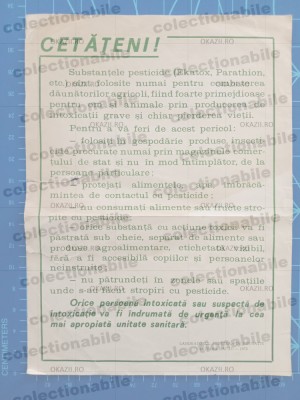 Afiș - Avertisment / Cetățeni - pericol substanțe pesticide / sănătate 1978 foto