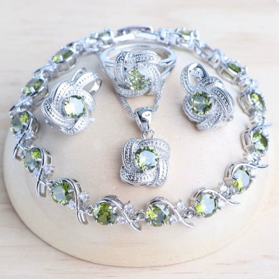 Set bijuterii placate cu argint 925, cu cristale de zirconiu verde-peridot foto