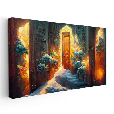 Tablou pictura usi in flacari, flori, galben 1743 Tablou canvas pe panza CU RAMA 70x140 cm foto