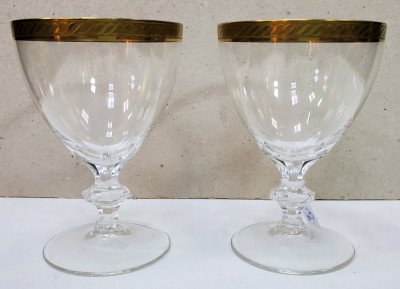Pereche de pahare din cristal si aur coloidal pentru apa, perioada interbelica foto