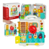 Jucarie educativa senzoriala Montessori, valiza cu butoane, ursulet XXL, lumina si sunet, 23,5 cm x 25,5 cm