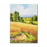 Tablou peisaj cu lan de grau pictat manual, Bogatie, 70x50cm ulei pe panza, Constantin Feraru