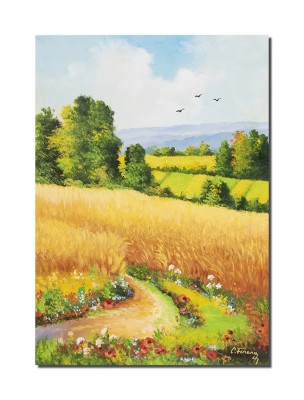 Tablou peisaj cu lan de grau pictat manual, Bogatie, 70x50cm ulei pe panza, Constantin Feraru foto