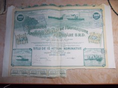 SOC. ROMANA DE NAVIGATIUNE PE DUNARE : TITLU DE 10 ACTIUNI NOMINATIVE , 1937