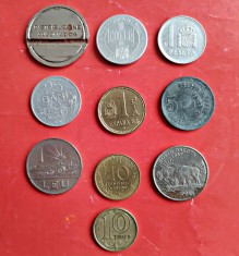 Lot 10 monede straine, romanesti și jetoane, circulate conform foto L15 Tenghe Kazakstan 1000 lei Romania 1 peseta 1988 Spania 10 centimes 1979 Franta