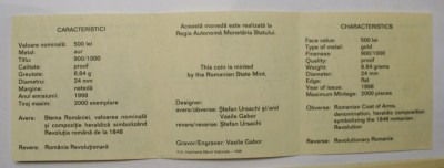 CERTIFICAT PT. MONEDA BNR AUR 500 LEI 1998 . 150 de ani de la Revoluţia Rom&amp;acirc;nă de la 1848 . #420 . foto