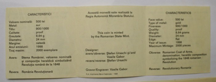 CERTIFICAT PT. MONEDA BNR AUR 500 LEI 1998 . 150 de ani de la Revoluţia Rom&acirc;nă de la 1848 . #420 .