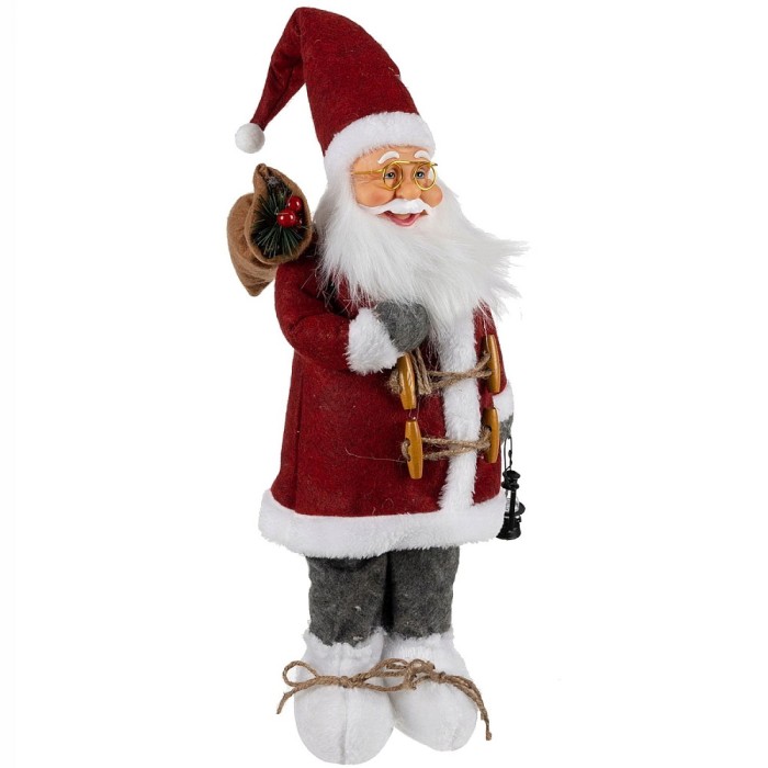 Figurina Mos Craciun Mare 60cm cu Sac si Felinar Decorativ, Rosu/Alb