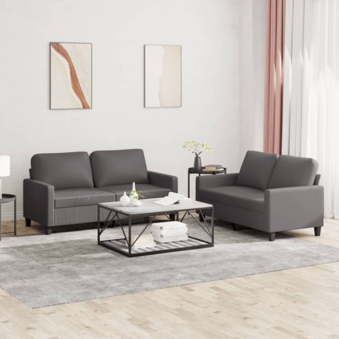 vidaXL Set de canapele cu perne, 2 piese, gri, piele ecologică