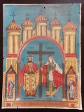 PM412N Sfinții &Icirc;mpărați Constantin și Elena, litografie rom&acirc;nească religioasă de epocă