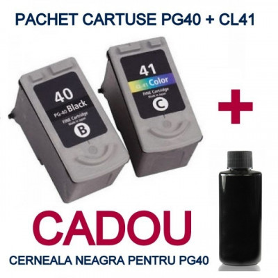 Pachet Cartuse pentru CANON PG40 + CANON CL41 + CADOU 100 ML cerneala BK ( foto