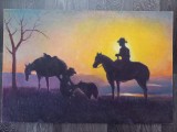 A. Bellomi &ndash; &bdquo;Cowboys cu cai la apus&rdquo; &ndash; ulei pe placaj, 60 &times; 40 cm