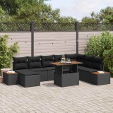 Set de dining pentru grădină cu 9 piese, perne incluse, din răchită sintetică neagră și acacia.